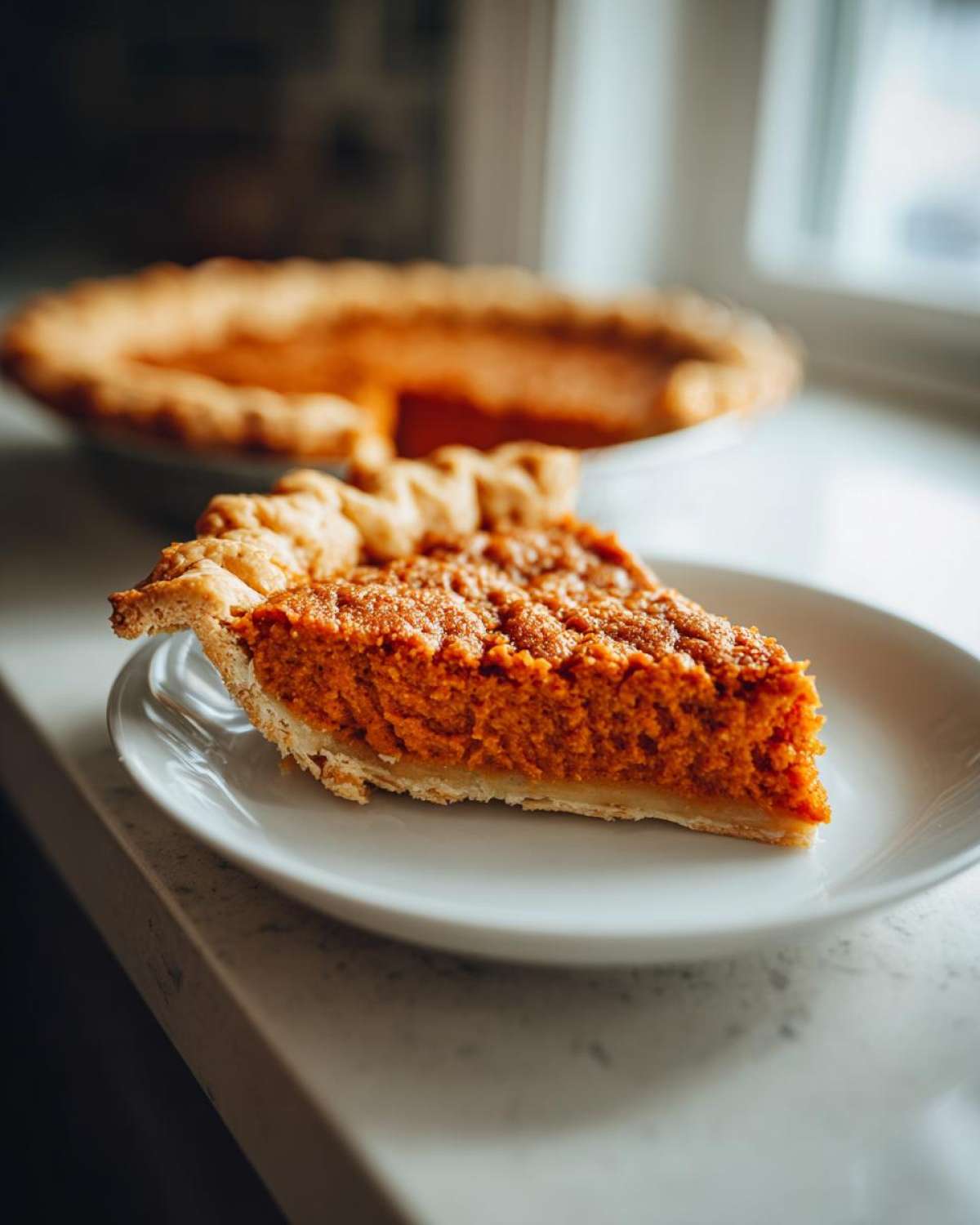 A close-up of a thick slice of rich orange sweet potato pie on a white plate, with the rest of the pie blurred in the background.