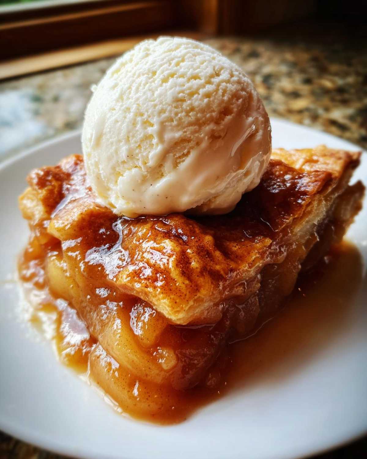 Close-up of a slice of pie topped with vanilla ice cream, showcasing the rich apple pie filling.