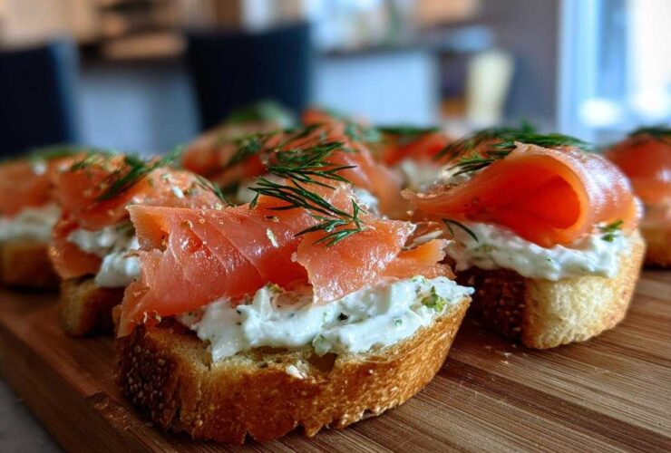 Close-up of several smoked salmon bites served on toasted bread with cream cheese and fresh dill garnish.