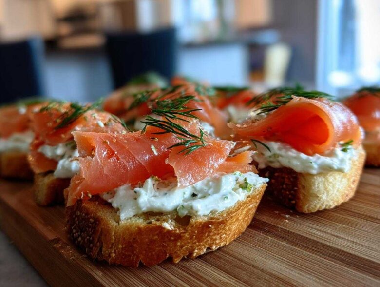 Close-up of several smoked salmon bites served on toasted bread with cream cheese and fresh dill garnish.