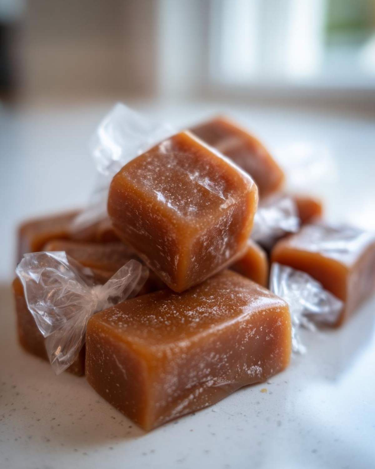 Close-up of soft, square homemade caramel candies, some partially wrapped in plastic.