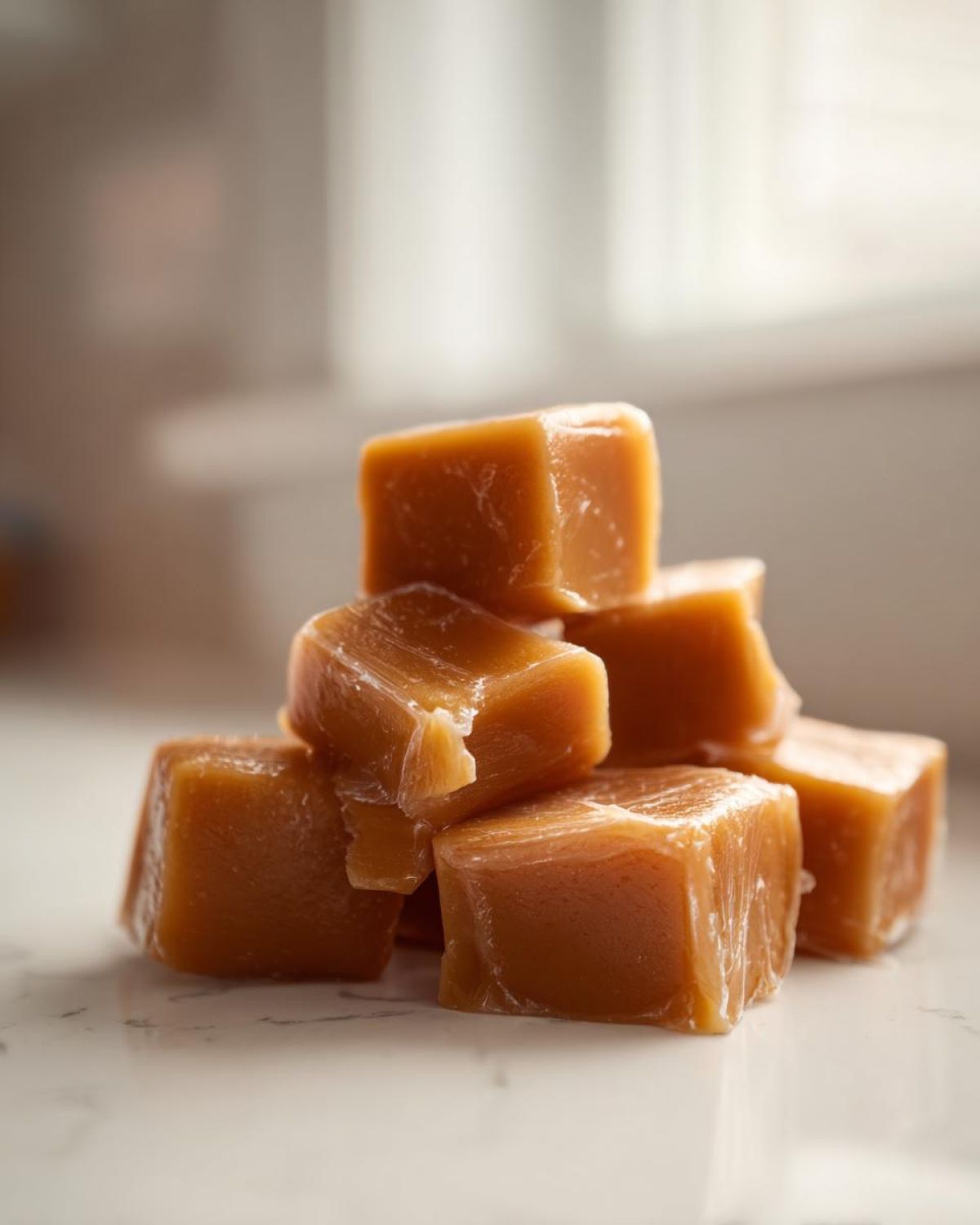 Close-up of a small stack of soft, square homemade caramel pieces on a light surface.