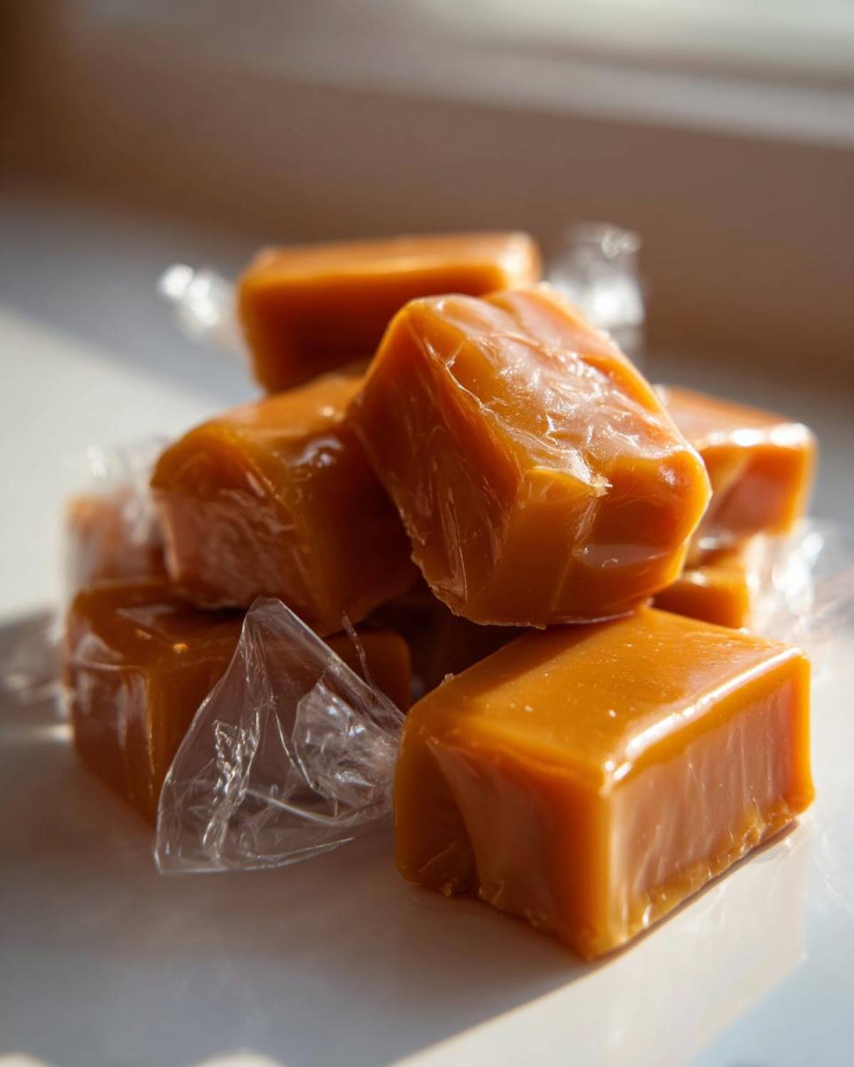 Close-up of several soft, chewy homemade caramel squares, some partially wrapped in clear plastic.