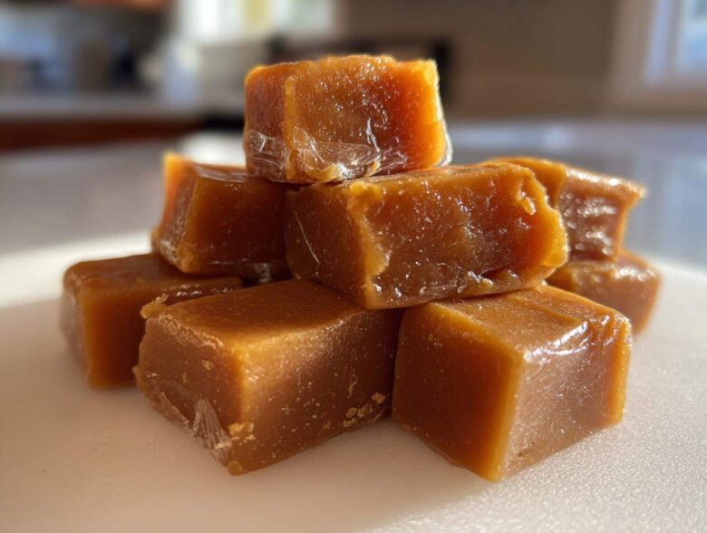 Close-up of a small pile of soft, golden brown homemade caramel squares glistening in the light.