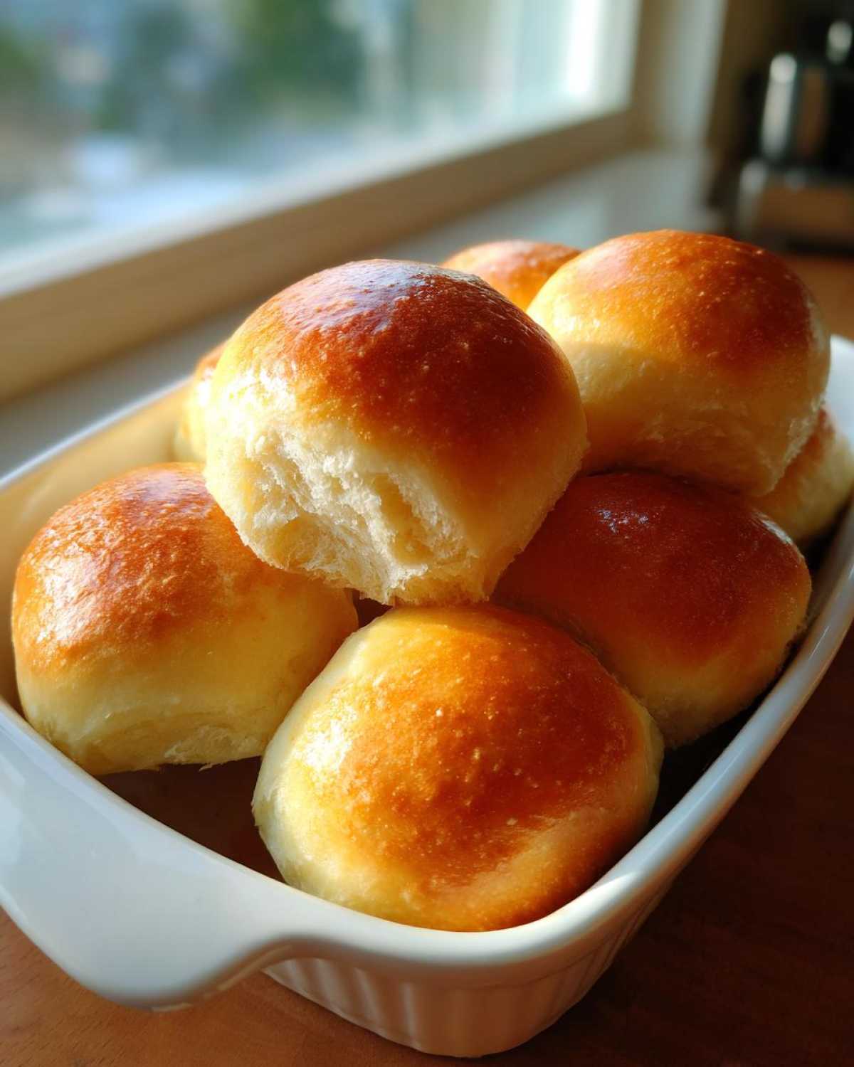 Close-up of golden-brown, soft sourdough discard rolls piled in a white baking dish.