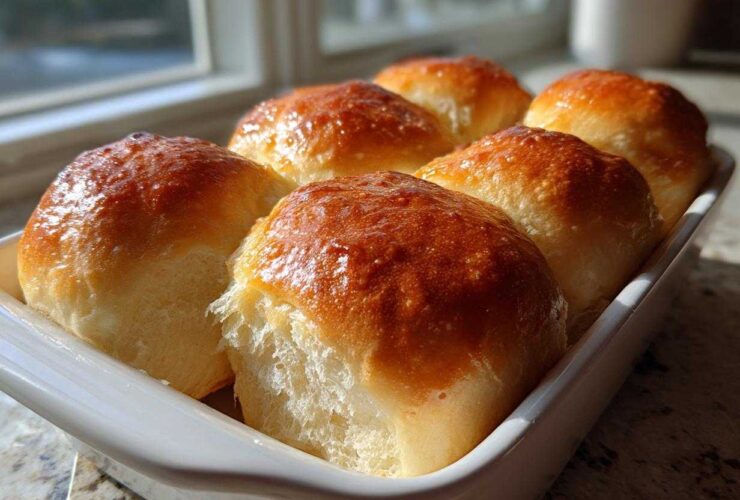 Six golden brown, glossy sourdough discard rolls baked together in a white dish.