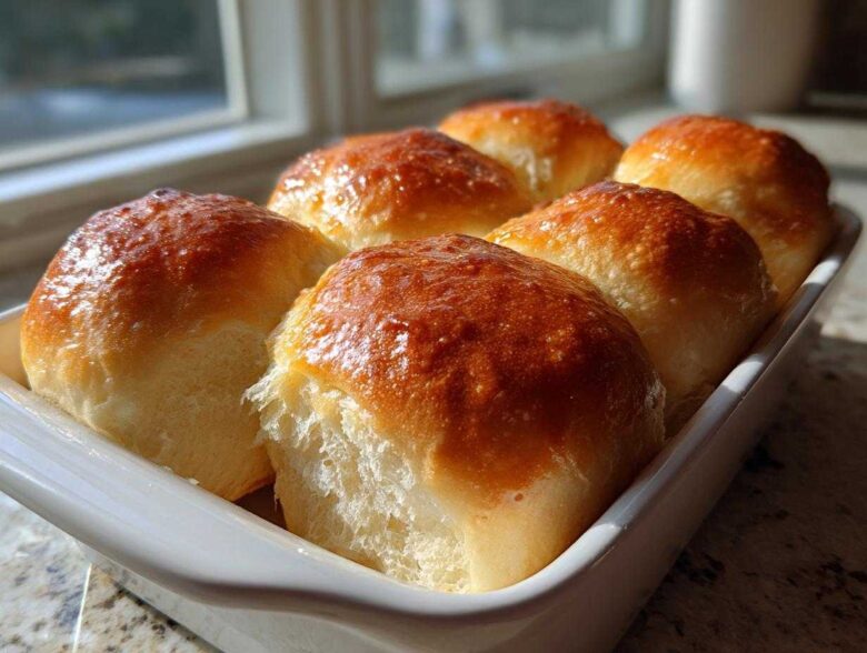 Six golden brown, glossy sourdough discard rolls baked together in a white dish.