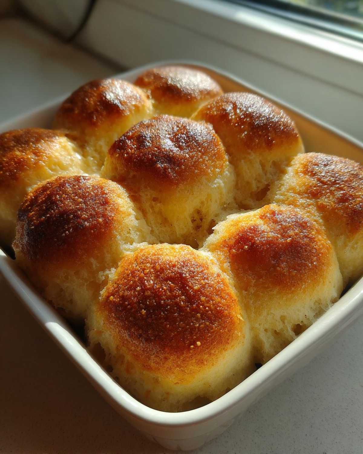 Close-up of golden brown sourdough discard rolls baked together in a square white baking dish.