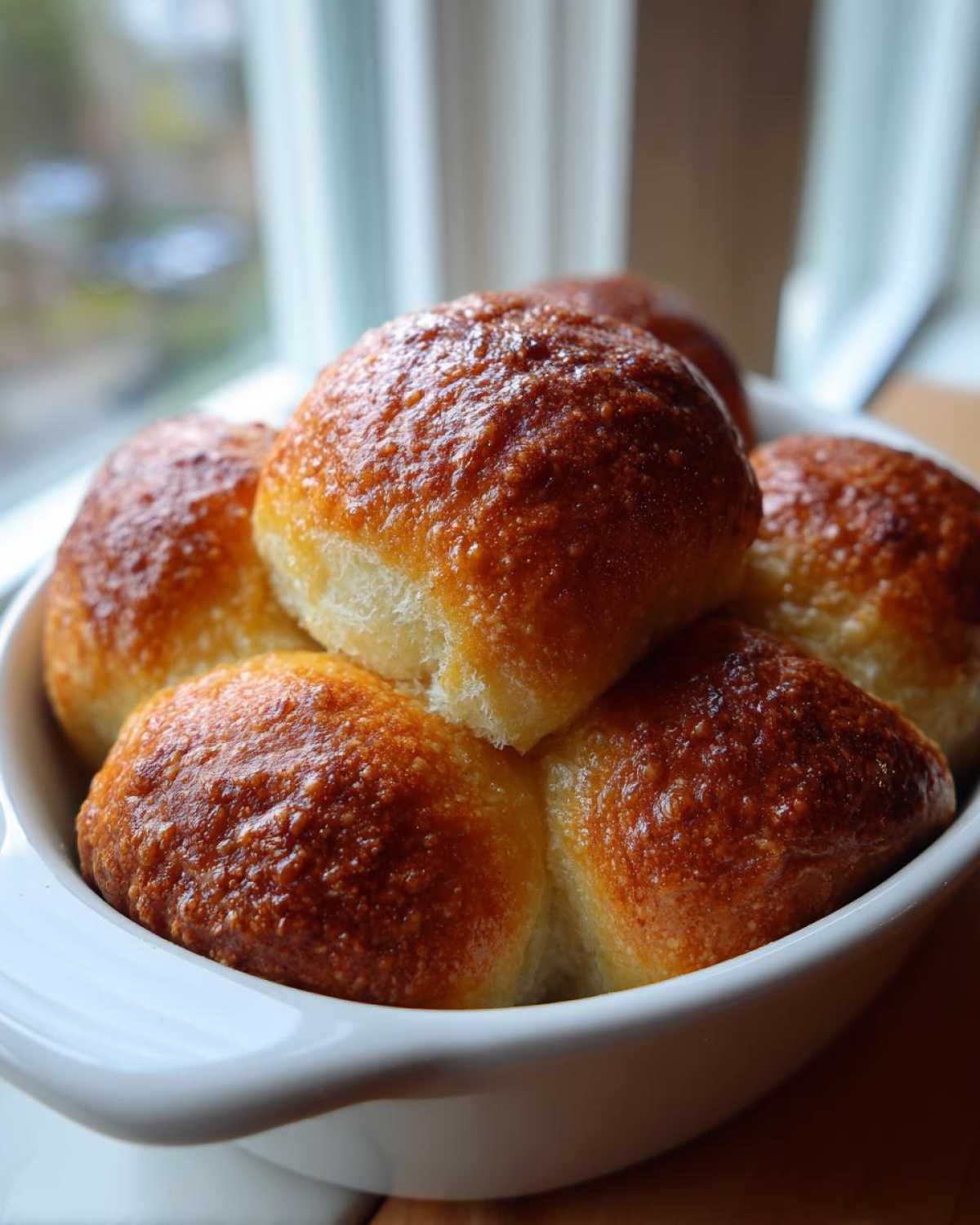 A stack of golden brown, shiny sourdough discard rolls nestled in a white serving dish near a window.