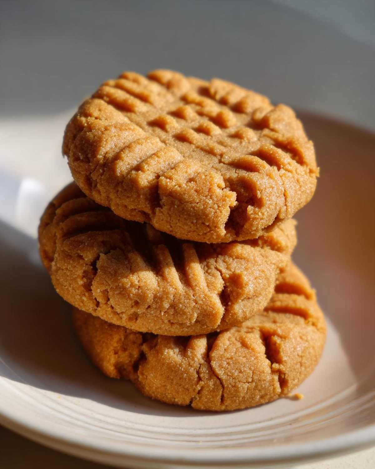A close-up stack of three golden brown peanut butter cookies showing the classic crisscross fork marks.