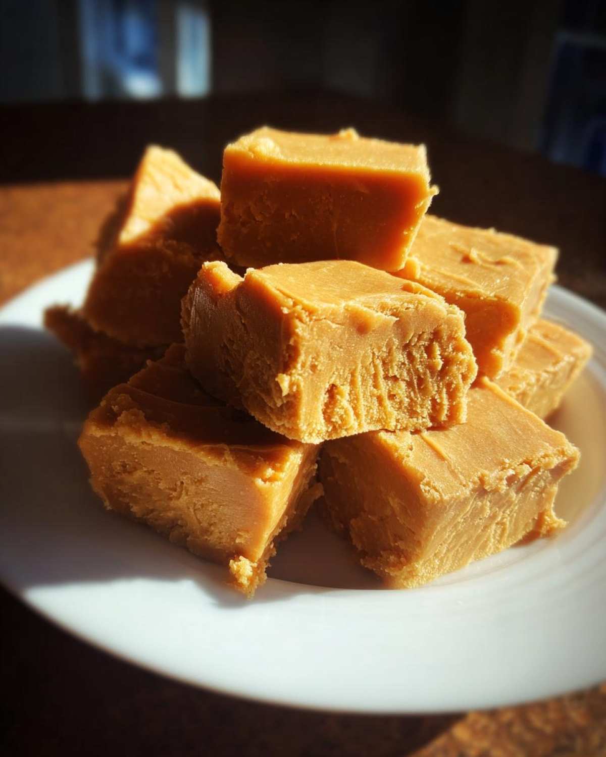 A close-up stack of rich, creamy brown sugar penuche fudge squares piled on a white plate, highlighted by sunlight.