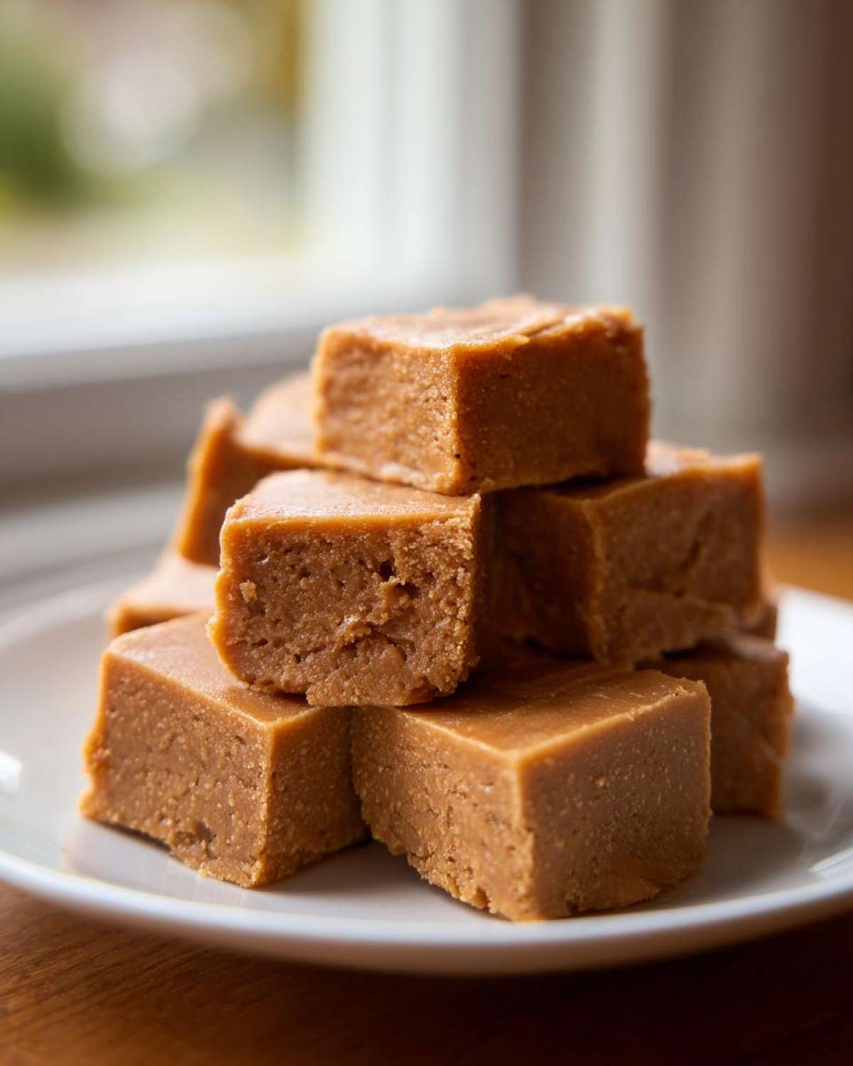 Close-up of a stack of rich, brown penuche fudge squares resting on a white plate near a window.