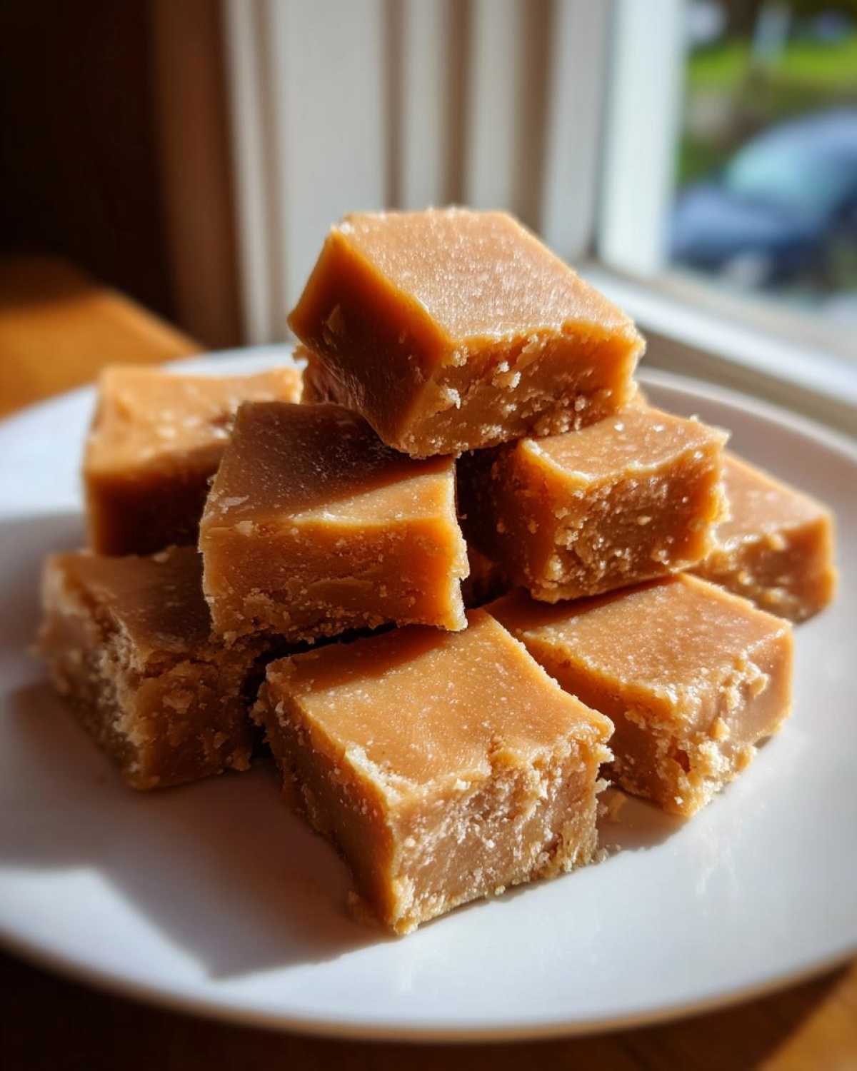 A close-up stack of rich, brown sugar penuche fudge squares piled on a white plate near a window.