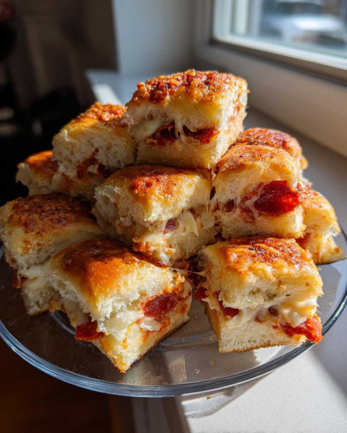 A stack of freshly baked pizza sliders filled with melted cheese and pepperoni, showing gooey cheese pulls.