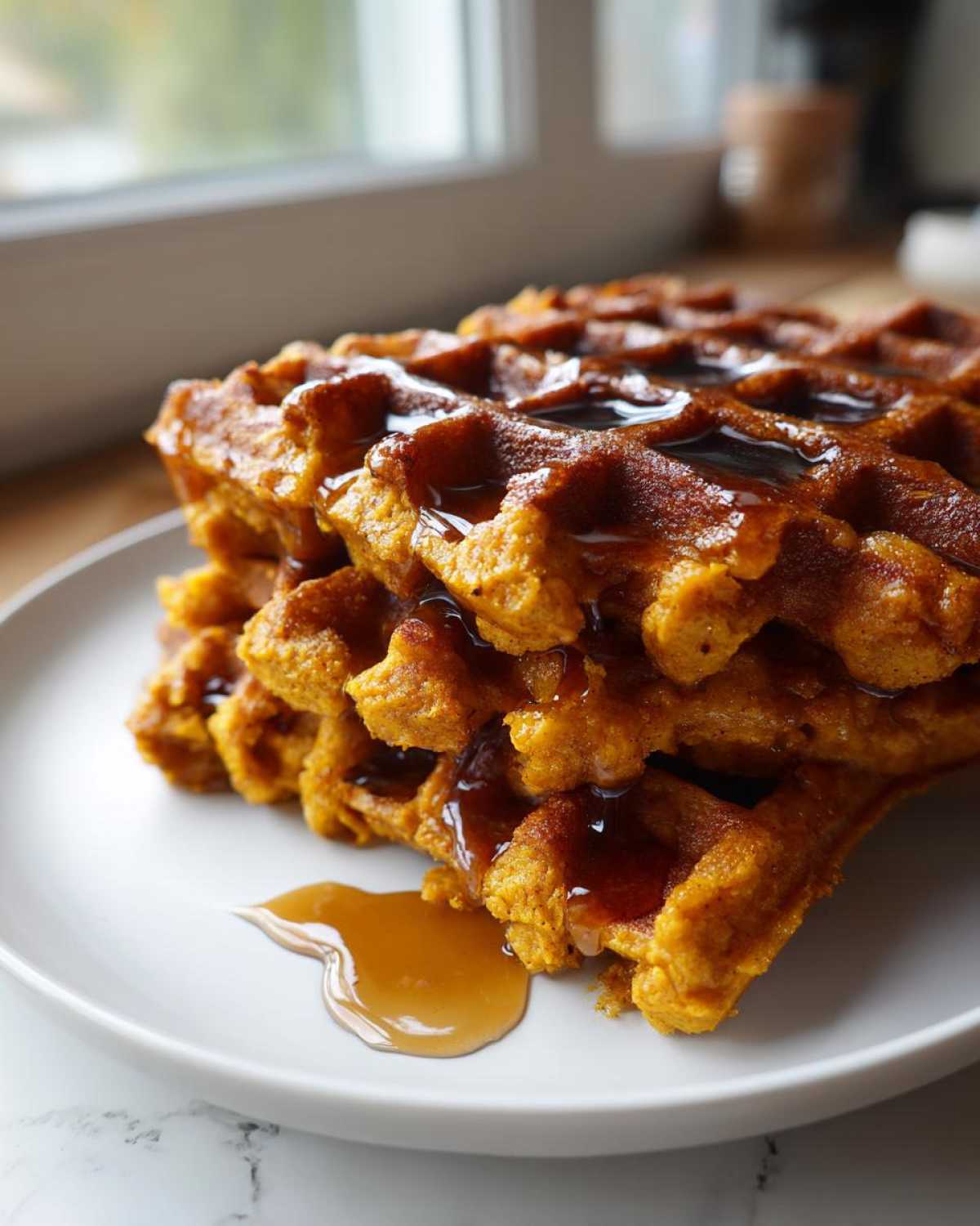 A close-up stack of golden brown pumpkin waffles generously drizzled with syrup on a white plate.