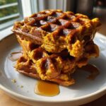 Close-up of a tall stack of golden-orange pumpkin waffles generously covered in maple syrup.