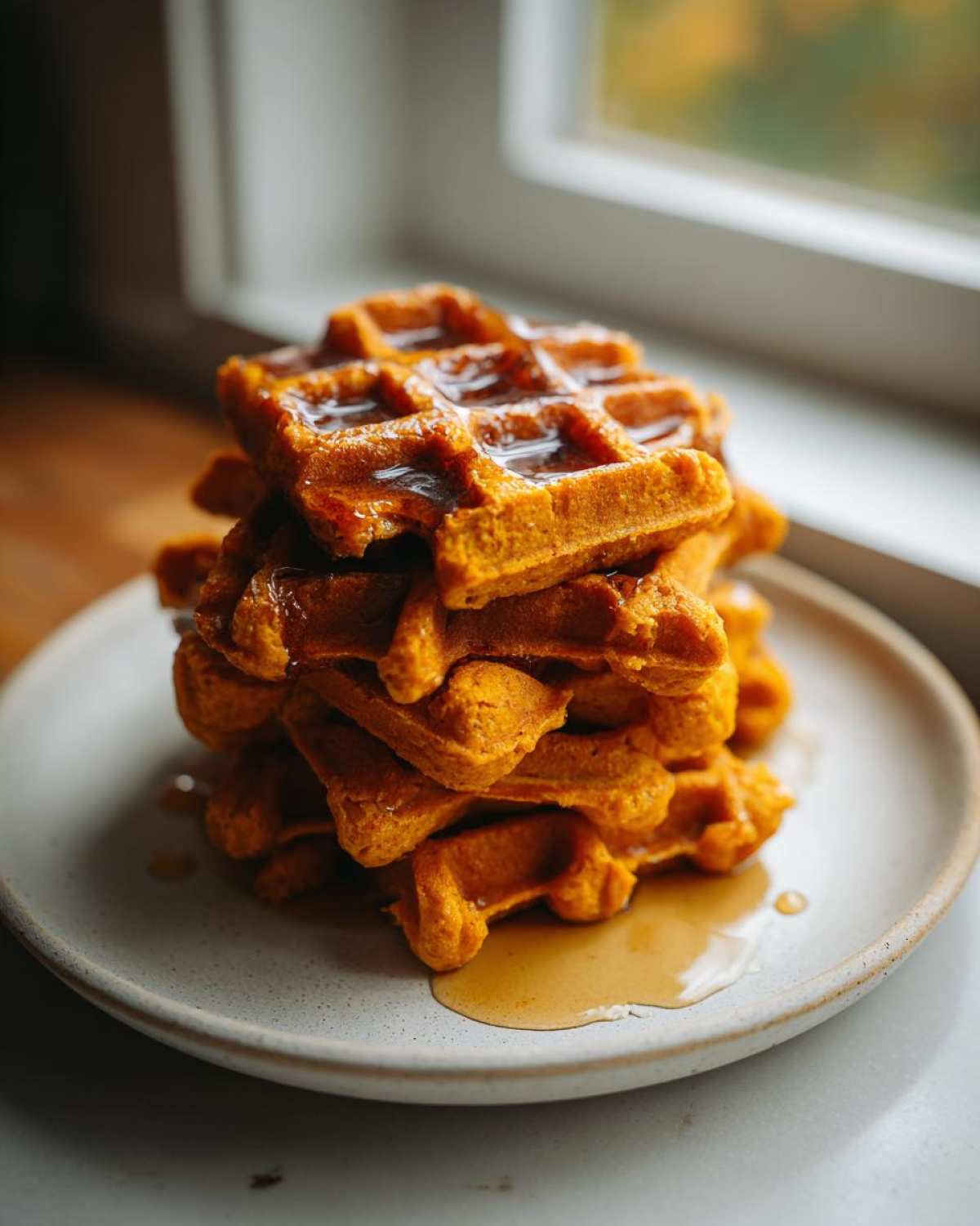 A tall stack of vibrant orange pumpkin waffles drizzled generously with maple syrup, sitting on a speckled plate.