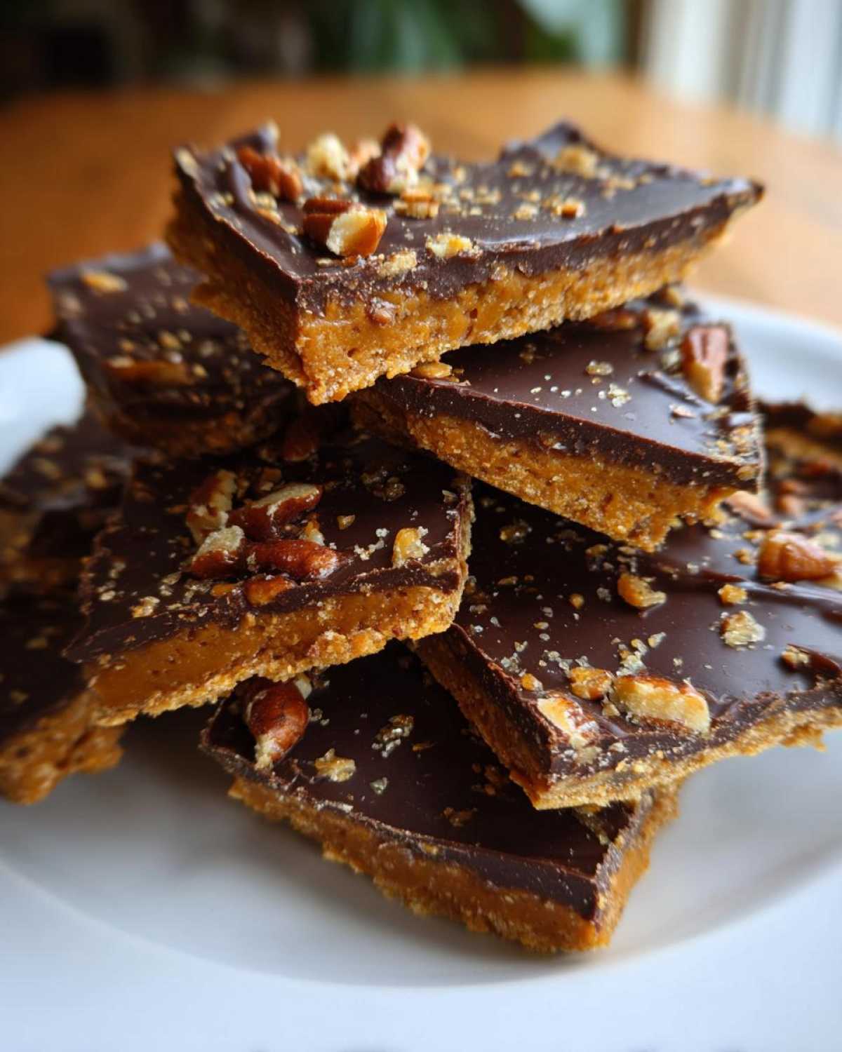 Close-up of stacked squares of Pecan Pie Bark featuring a thick caramel layer and dark chocolate topping with chopped pecans.