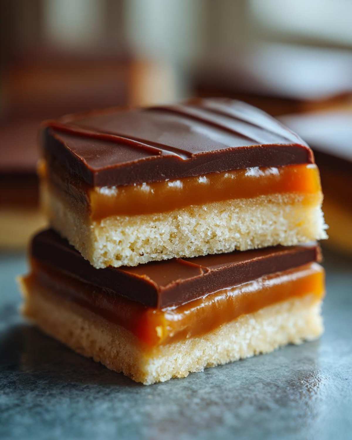 Two stacked, thick slices of homemade twix cookies bars showing shortbread, caramel, and chocolate topping.
