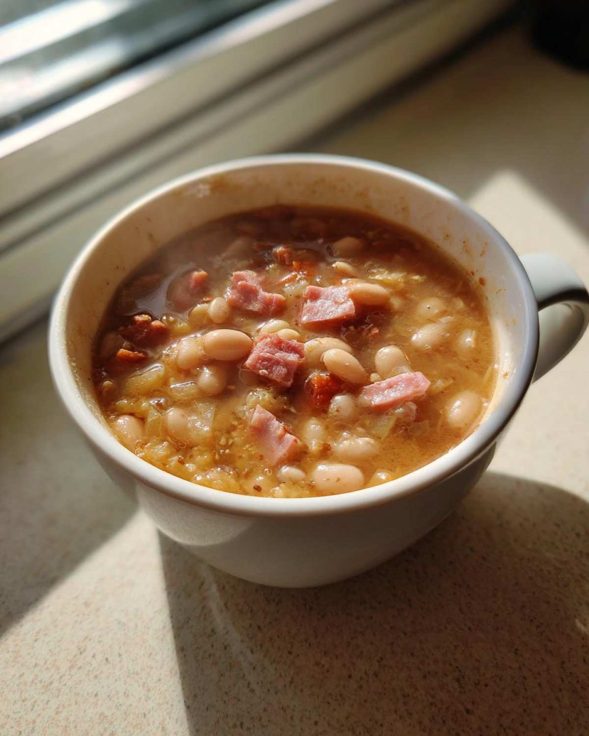 Close-up of a steaming white mug filled with hearty bean soup, featuring white beans and chunks of ham, backlit by sunlight.