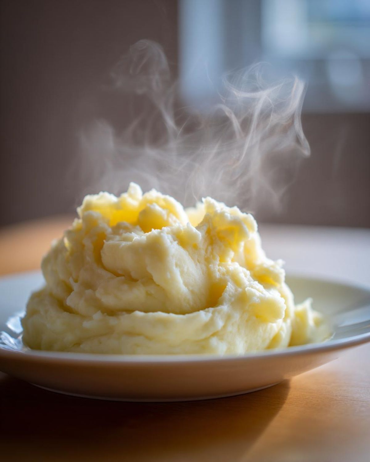 A generous, steaming mound of creamy mashed potatoes served on a white plate.