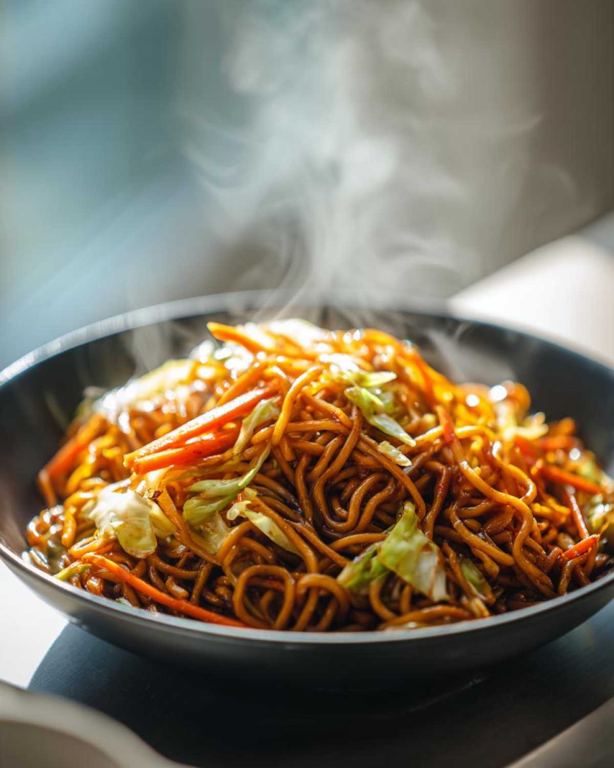 Close-up of a dark bowl filled with steaming hot fried noodles, shredded carrots, and cabbage.