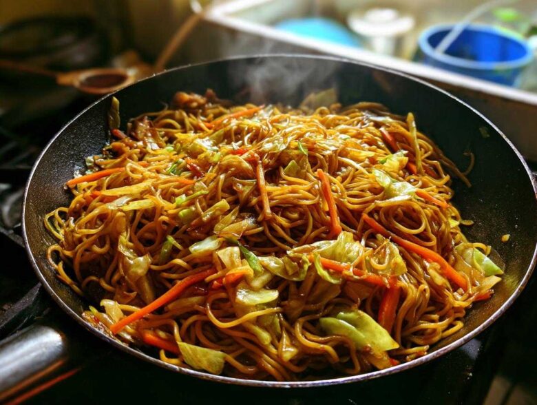 Close-up of delicious, steaming fried noodles mixed with cabbage and carrots cooking in a black skillet.