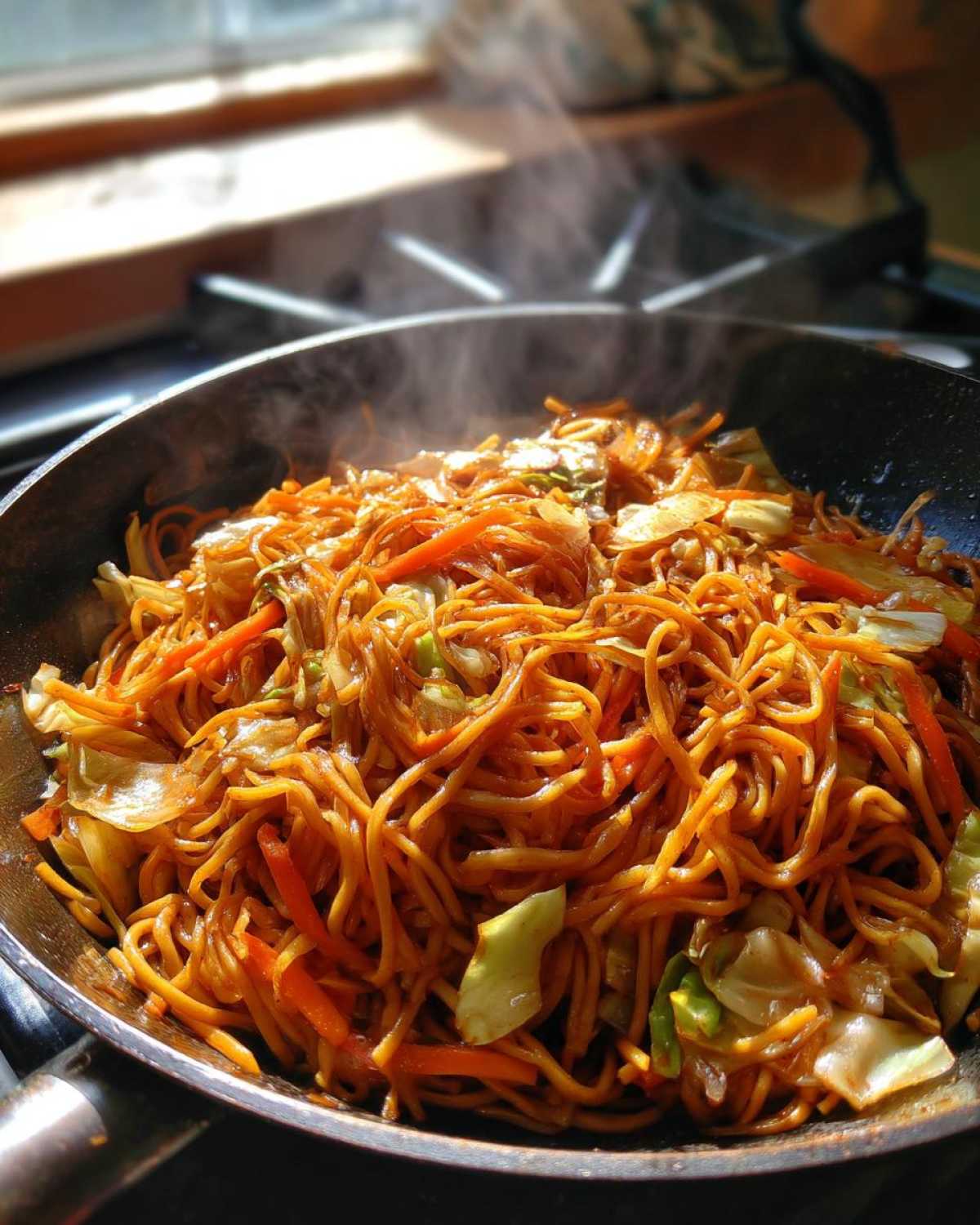 Close-up of steaming hot fried noodles mixed with shredded carrots and cabbage cooking in a dark wok.