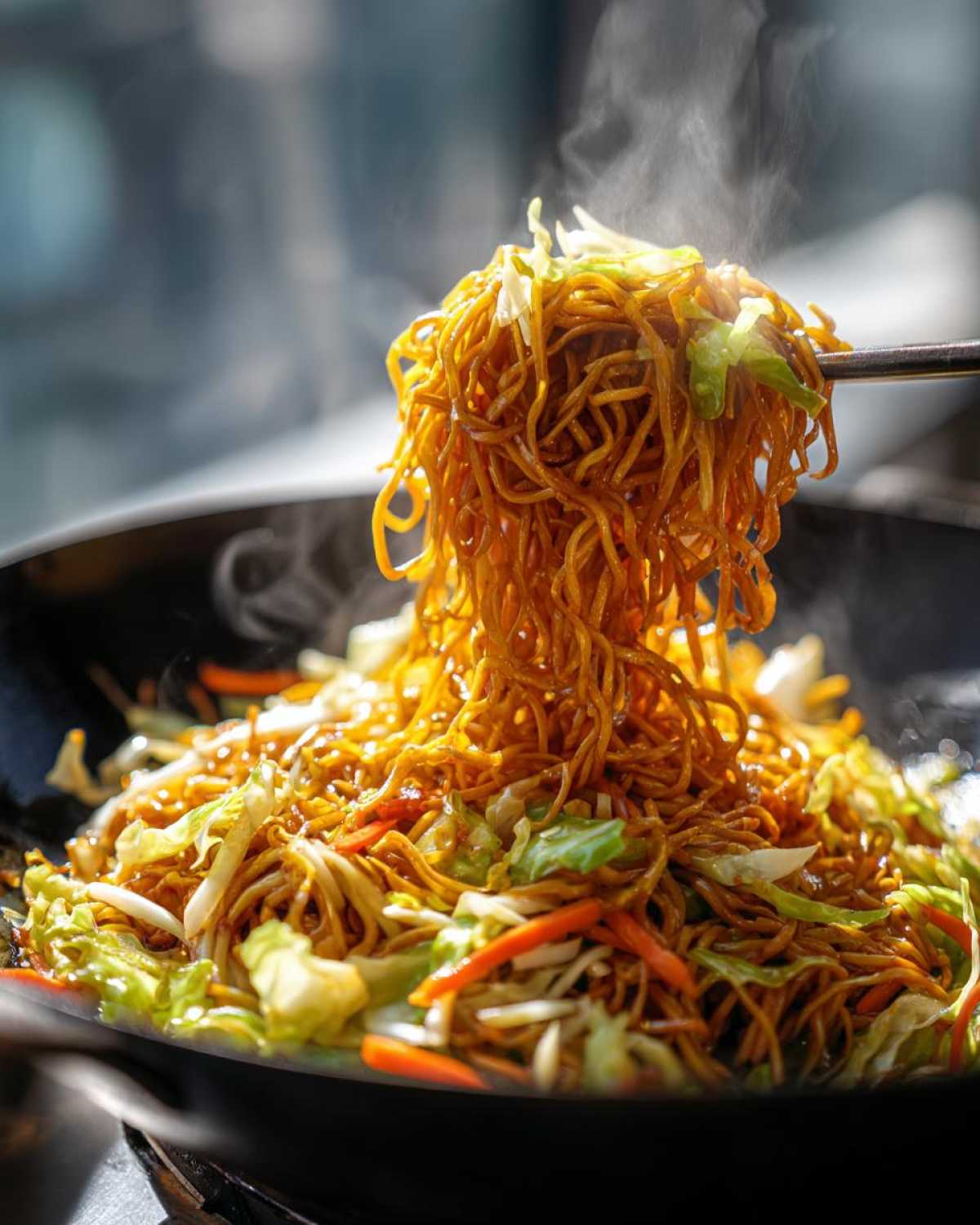Close-up of steaming hot fried noodles being lifted from a wok with chopsticks, mixed with cabbage and carrots.