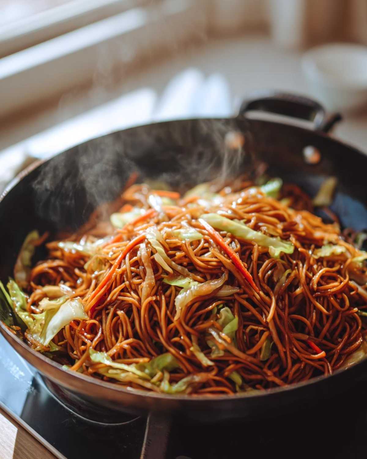 Close-up of steaming hot fried noodles mixed with cabbage and carrots cooking in a dark wok.