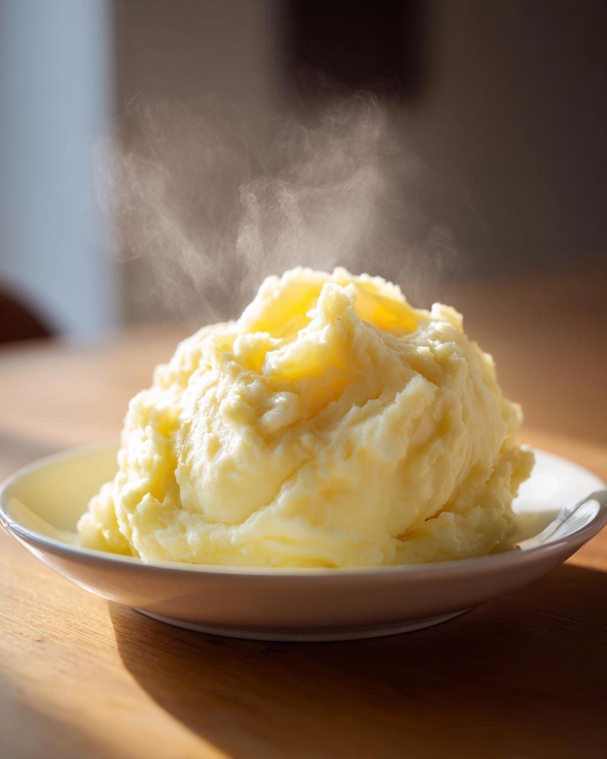 A large serving of fluffy, steaming hot mashed potatoes piled high on a small white plate.
