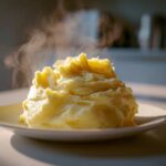 A fluffy mound of hot, creamy mashed potatoes steaming gently on a white plate.