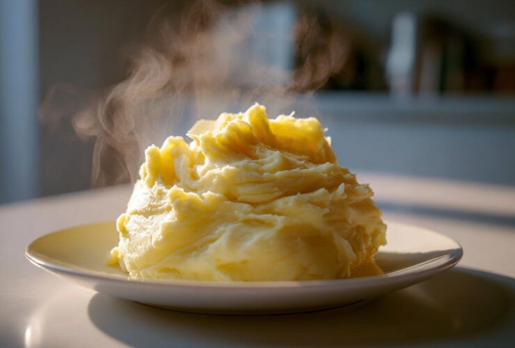 A fluffy mound of hot, creamy mashed potatoes steaming gently on a white plate.