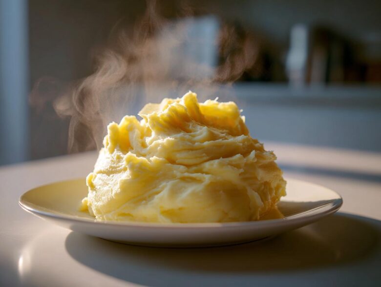 A fluffy mound of hot, creamy mashed potatoes steaming gently on a white plate.