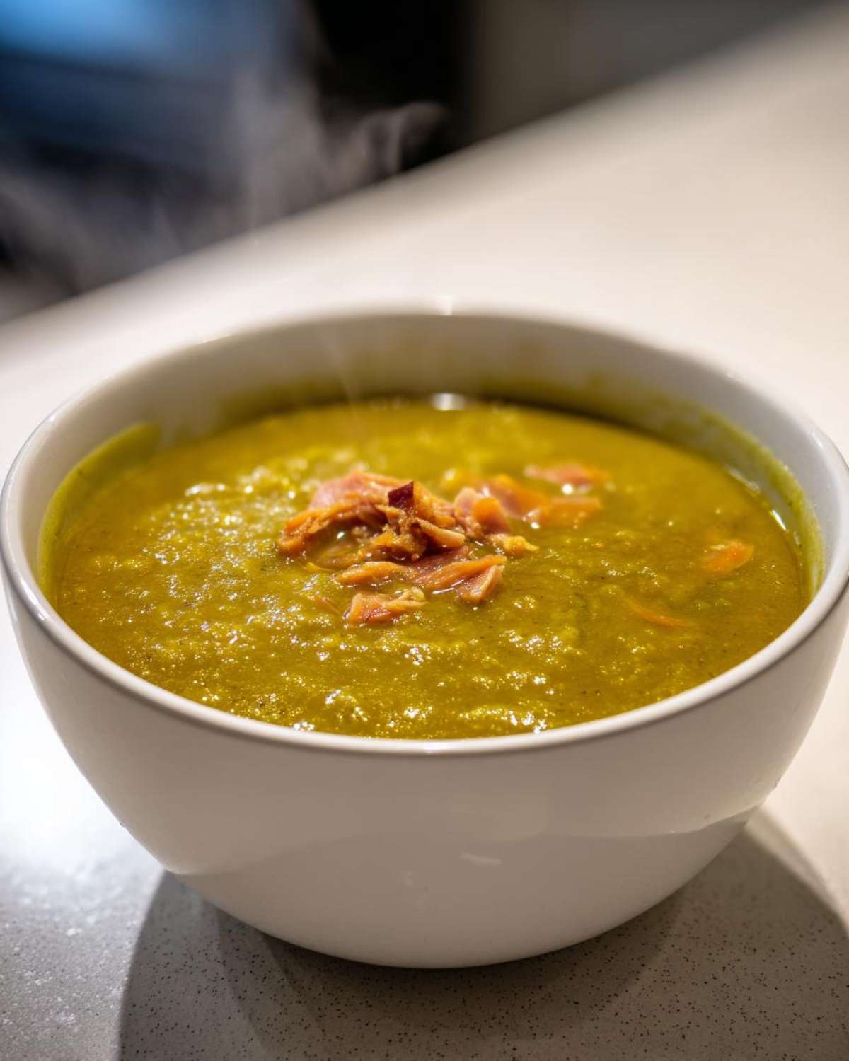 Close-up of a steaming white bowl filled with thick, green pea soup topped with crispy ham pieces.