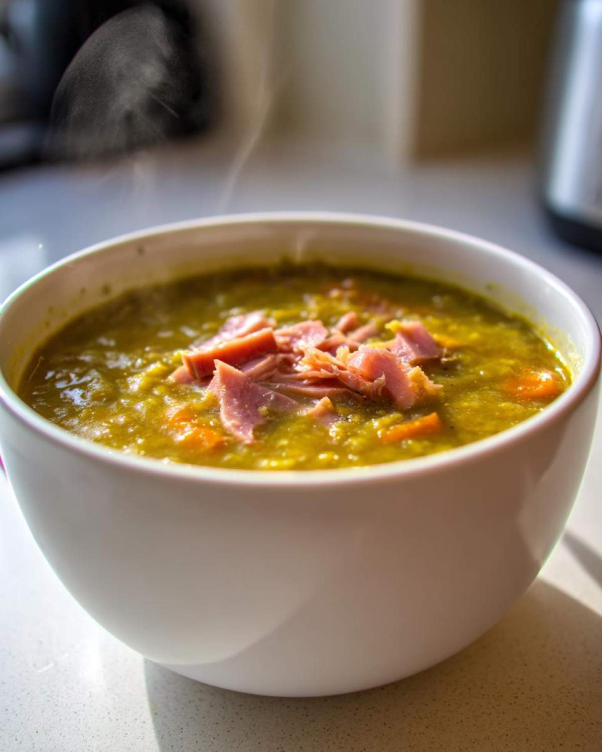 A steaming white bowl filled with thick, green pea soup, topped with shredded ham and visible carrot pieces.