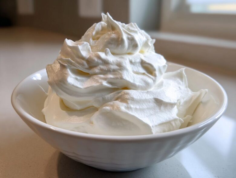 Close-up of stiff, bright white peaks of icing mixture in a white bowl, representing the royal icing recipe.