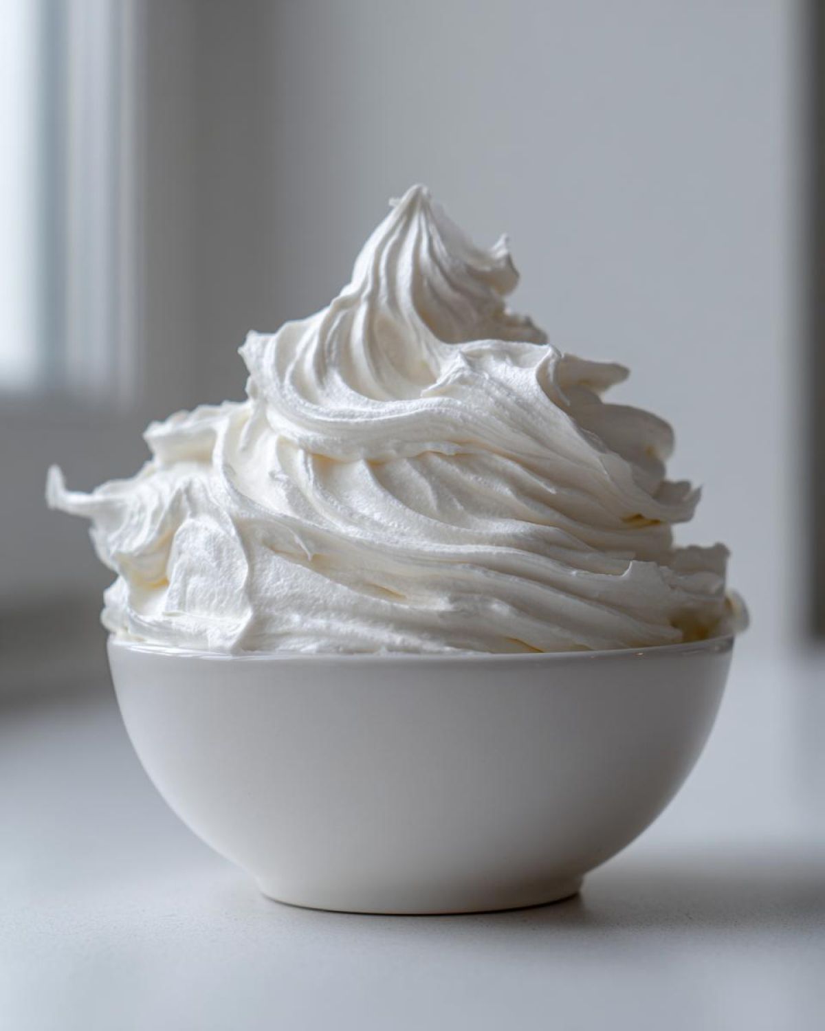 A white bowl filled high with stiff, perfectly piped white royal icing recipe mixture.