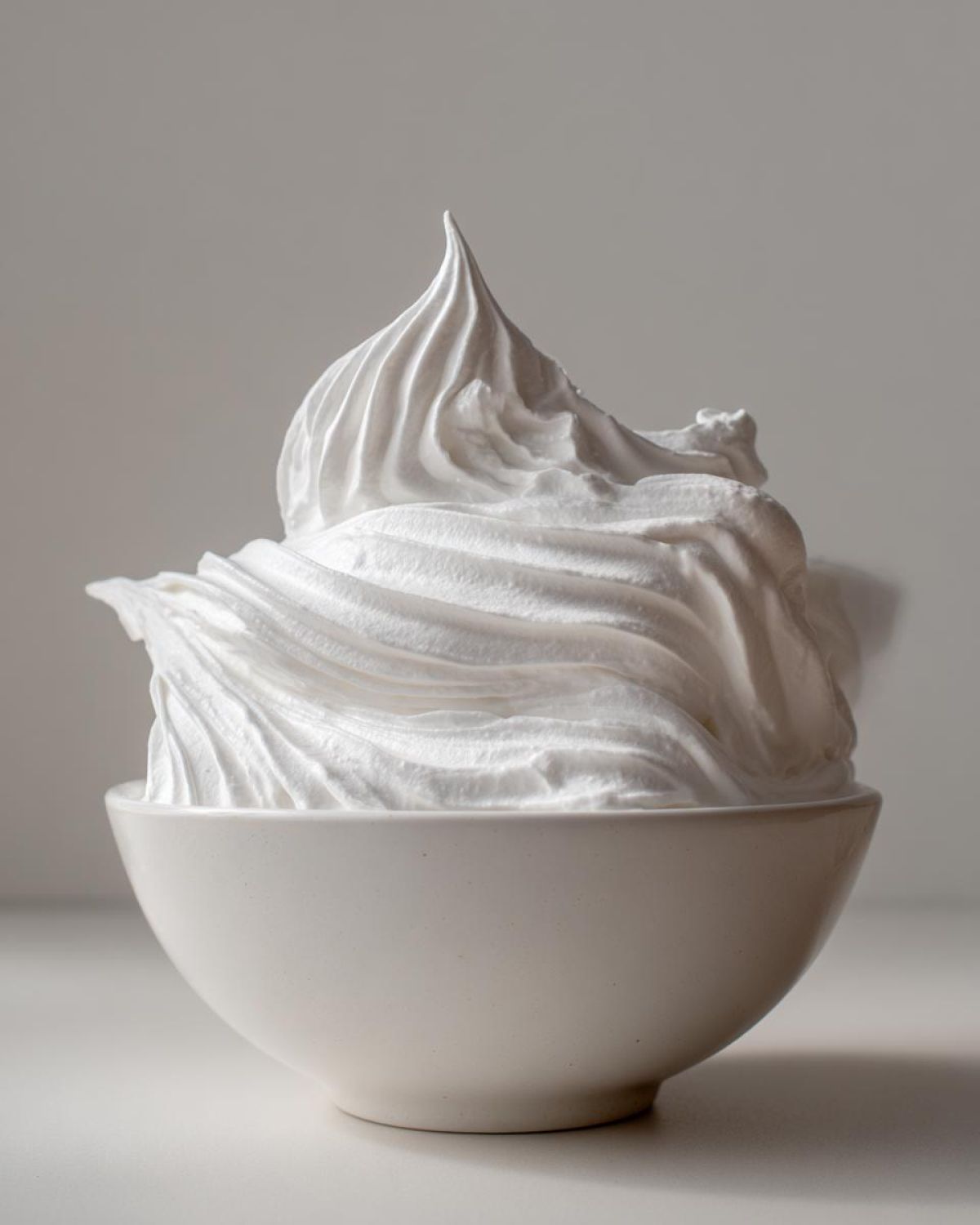 A close-up of stiff, glossy white peaks of royal icing recipe mixture piled high in a small white bowl.