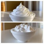 Two images showing stiff, glossy white peaks of royal icing recipe mixture in a small white bowl.