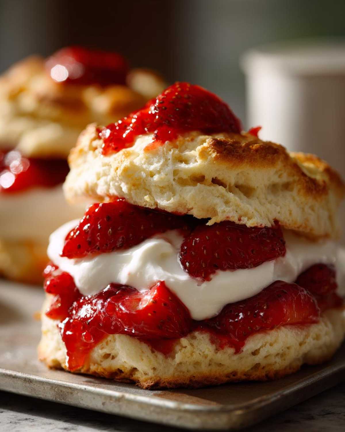 A close-up of a fluffy biscuit layered with whipped cream and macerated strawberries, showcasing a perfect strawberry shortcake.