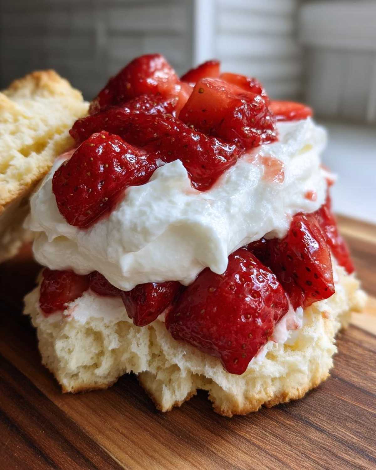 Close-up of a fluffy biscuit split and layered with whipped cream and macerated strawberries for a perfect shortcake.
