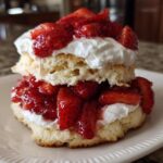 A tall, layered strawberry shortcake featuring biscuit layers, fresh strawberries, and whipped cream.