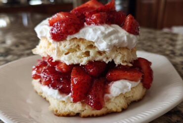A tall, layered strawberry shortcake featuring biscuit layers, fresh strawberries, and whipped cream.