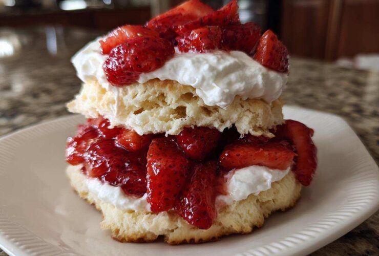 A tall, layered strawberry shortcake featuring biscuit layers, fresh strawberries, and whipped cream.