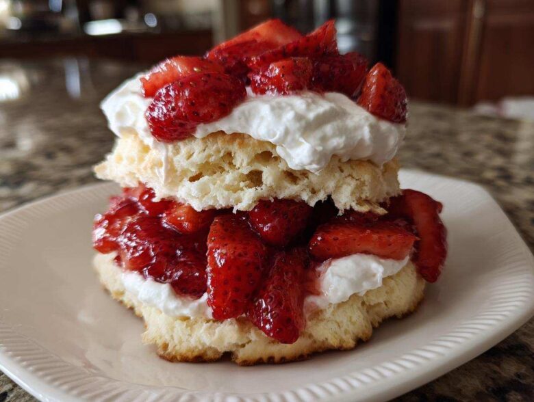 A tall, layered strawberry shortcake featuring biscuit layers, fresh strawberries, and whipped cream.