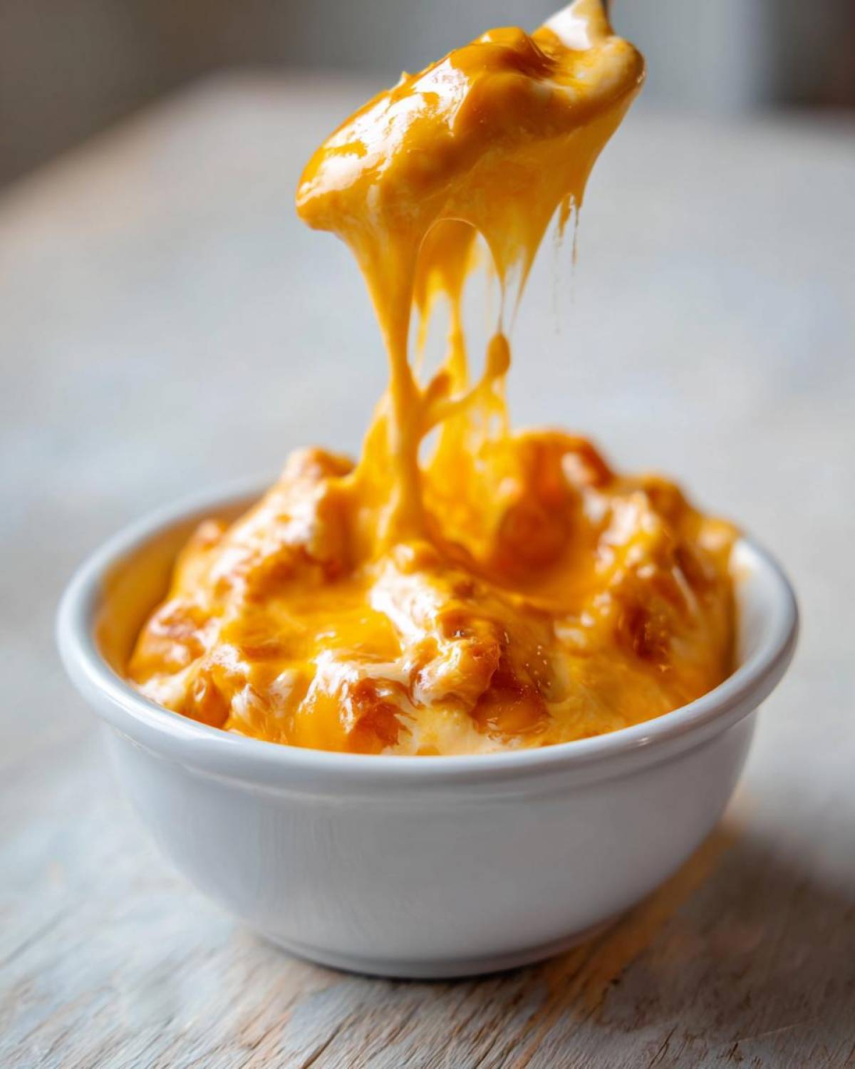A spoonful of incredibly stretchy, melted orange beer cheese dip being lifted from a white bowl.
