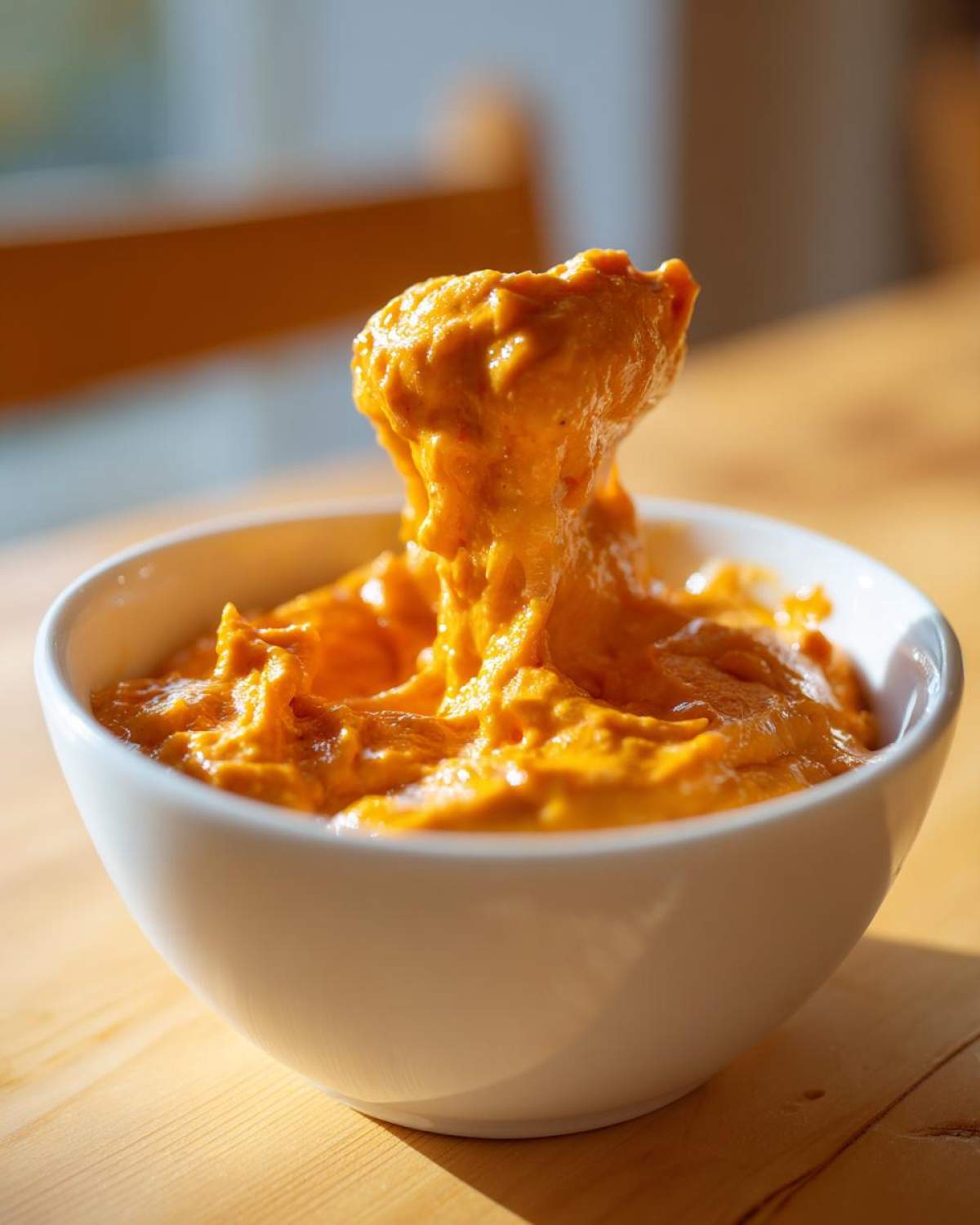 A spoonful of thick, orange beer cheese dip is being lifted from a white bowl, showing its gooey texture.