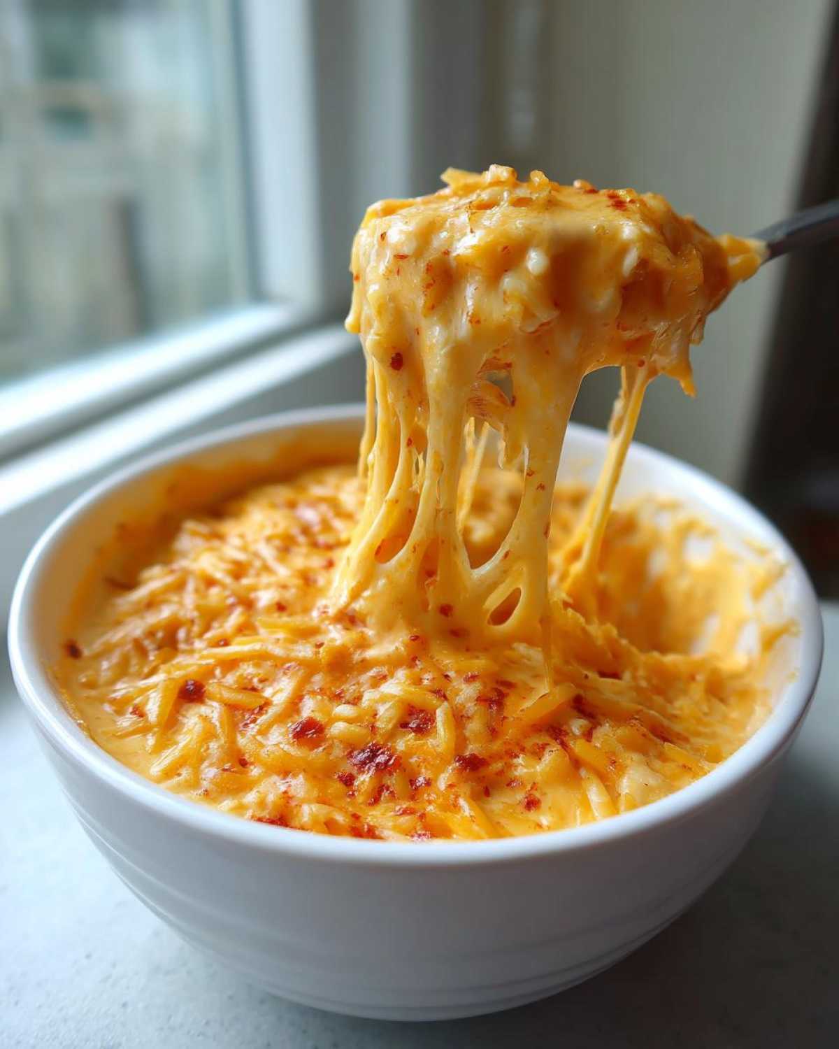 A spoonful of incredibly stretchy, melted beer cheese dip being lifted from a white bowl, topped with shredded cheese.