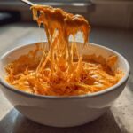 Close-up of a fork pulling up extremely stretchy, melted orange cheese from a bowl of chili cheese dip.